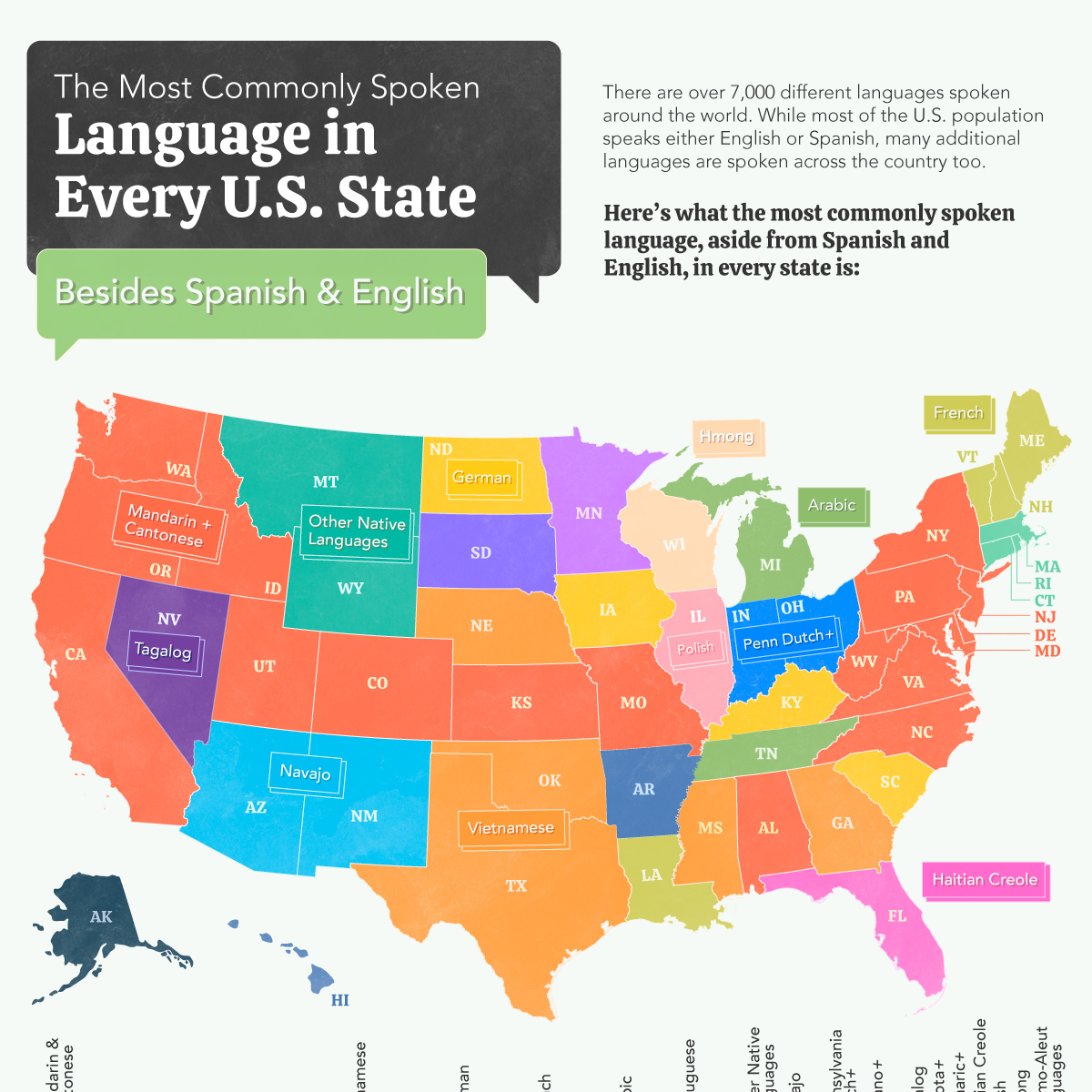 Most Common Language in U.S. States (Besides English and Spanish)