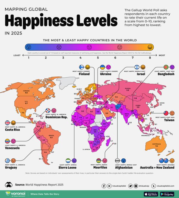Mapped: All of the World's Countries Ranked by How Happy They Are