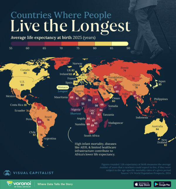 Mapped: Life Expectancy by Country in 2025