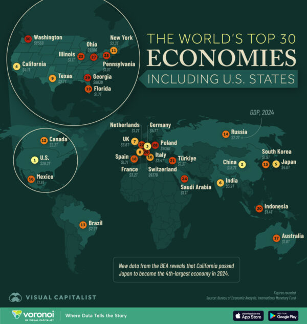 Mapped: The World’s Largest Economies, Including U.S. States