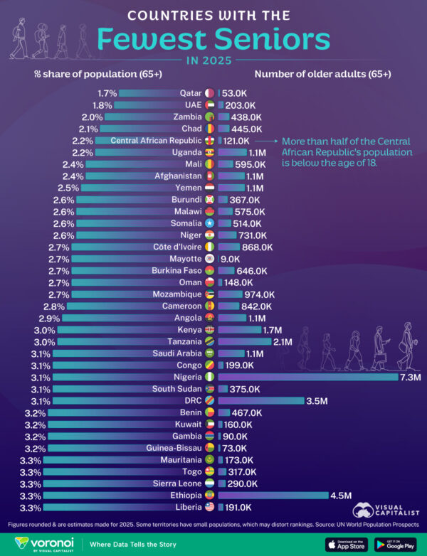 Ranked: Countries With the Fewest Seniors, by Population Share